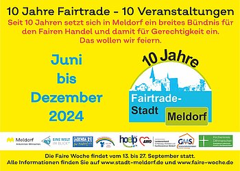 Das Deckblatt für die 10 Veranstaltungen zum 10-jährigen Jubiläum Meldorfs als Fairtrade-Stadt 